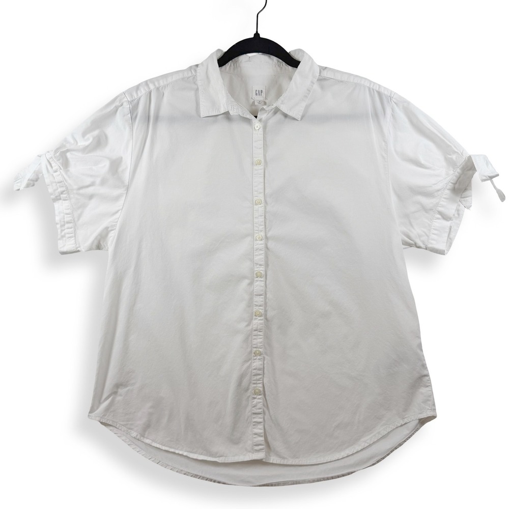 Gap Womens White Cotton Poplin Button Down Shirt Tie Cuff Short Sleeve Small